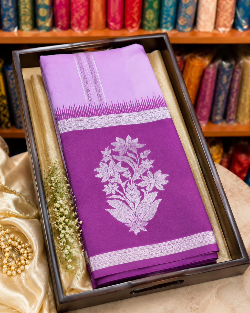 Pure silk saree with purple boarder