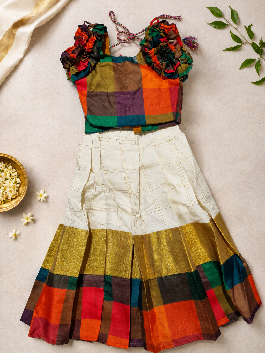 Madras check Kerala traditional skirt and top.(0-1 years) .