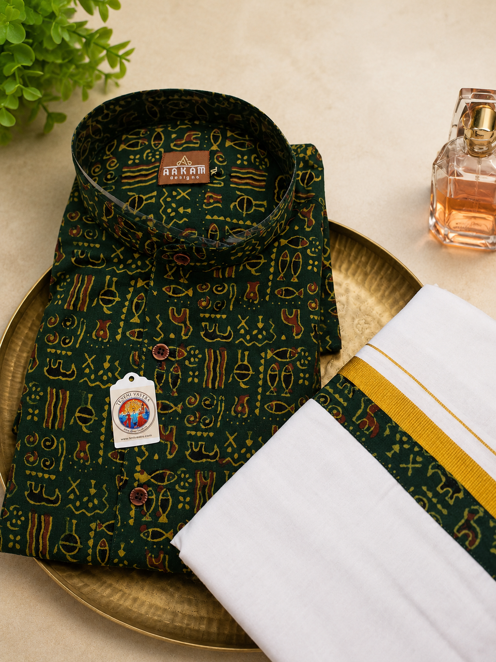 Green Shirt (XL) with maching Mundu (dhoti)