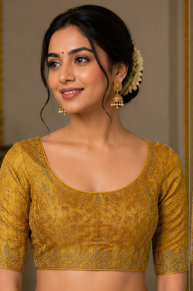 Designer saree blouse, yellow/ orange