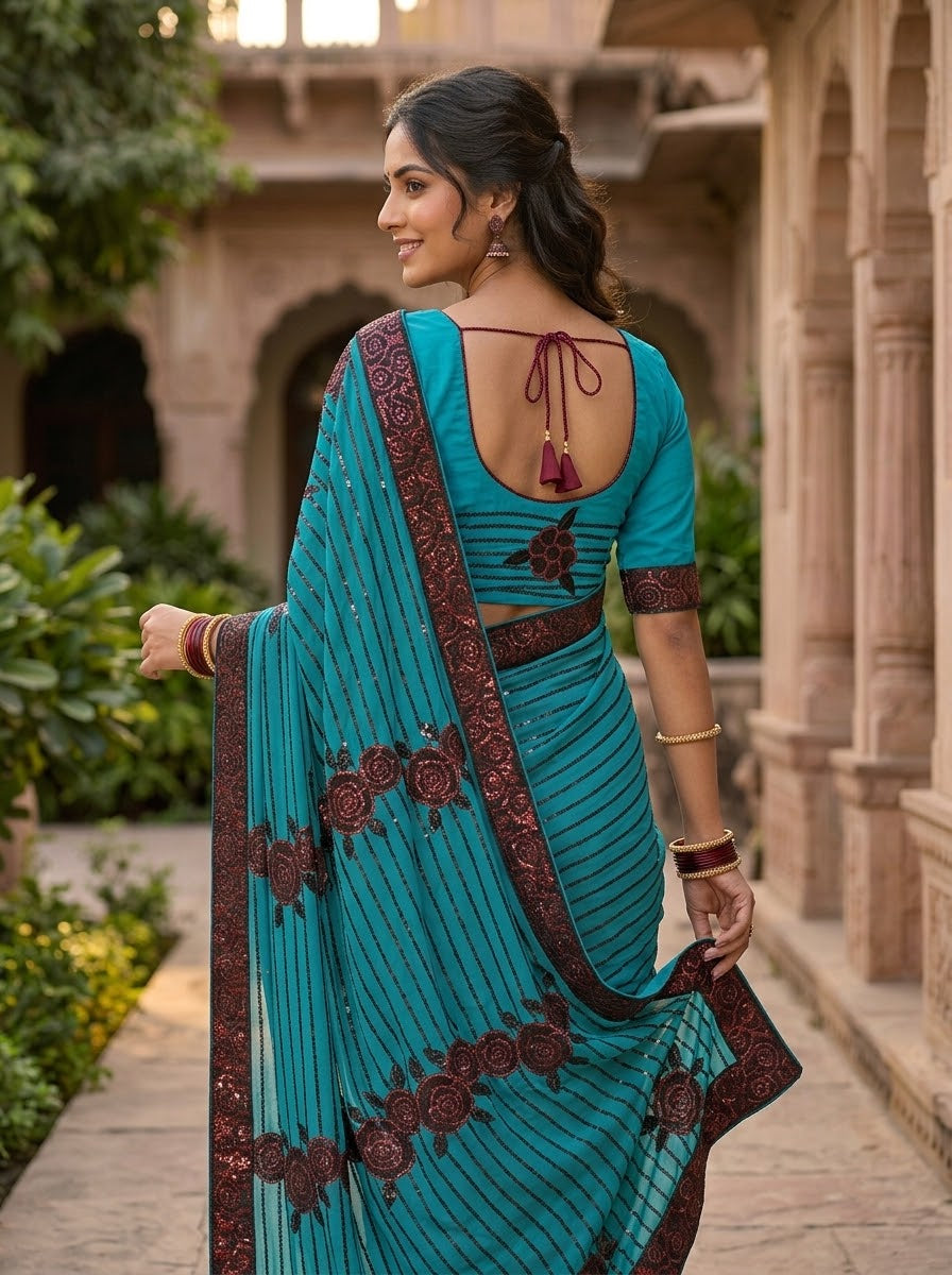 Turquoise Sequin-Embellished Georgette Saree