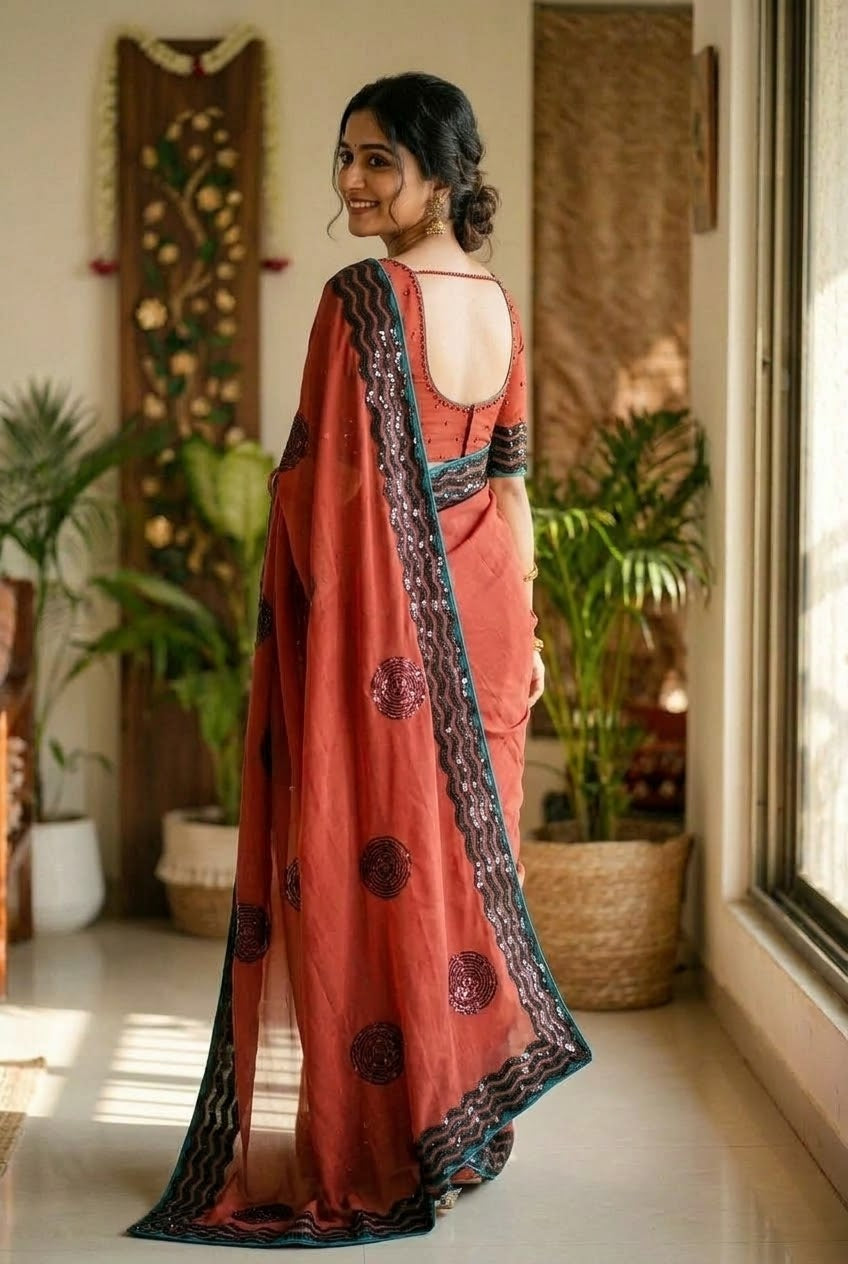 Brick colour georgette saree with running blouse