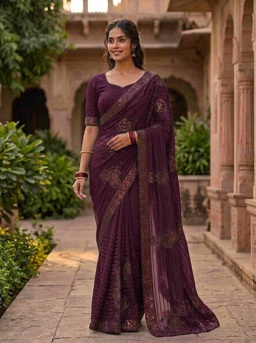 purple/plum   Sequin-Embellished Georgette Saree