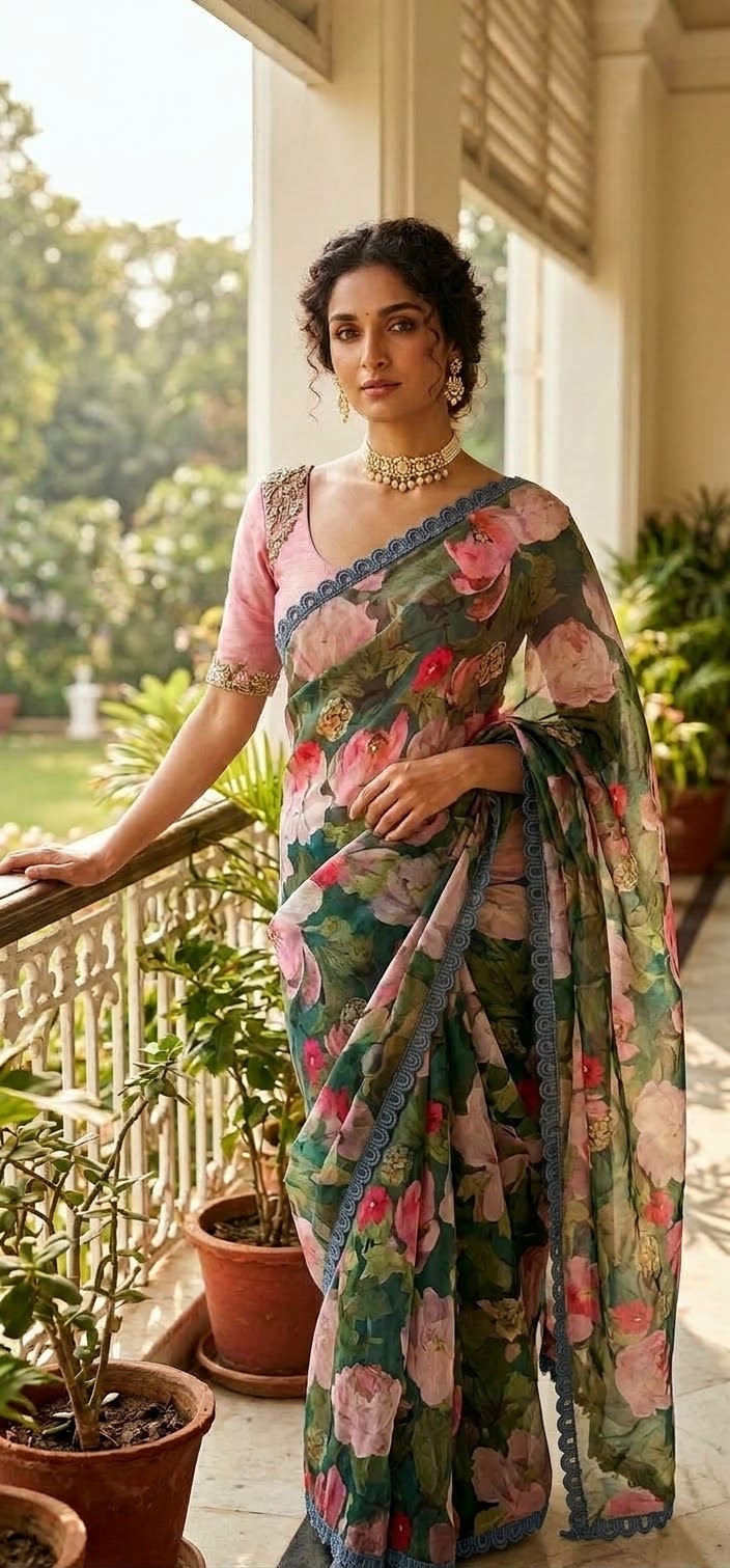Floral Printed Organza Saree ( Manju Warrior inspired)