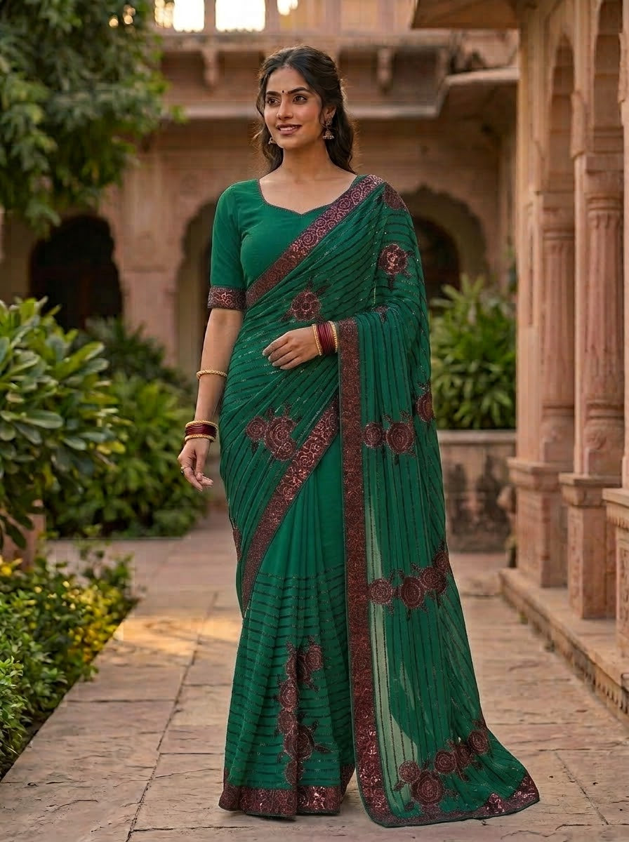 Green Sequin-Embellished Georgette Saree