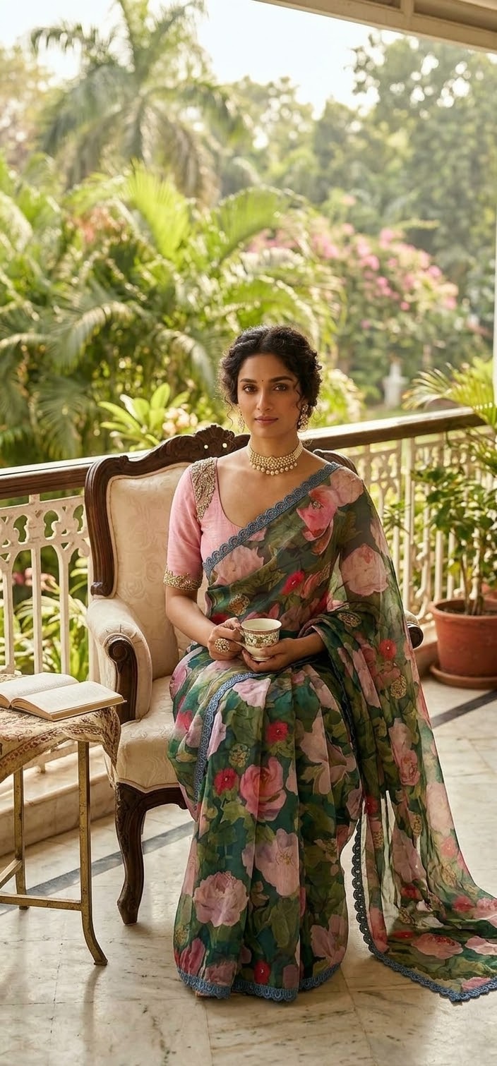 Floral Printed Organza Saree ( Manju Warrior inspired)