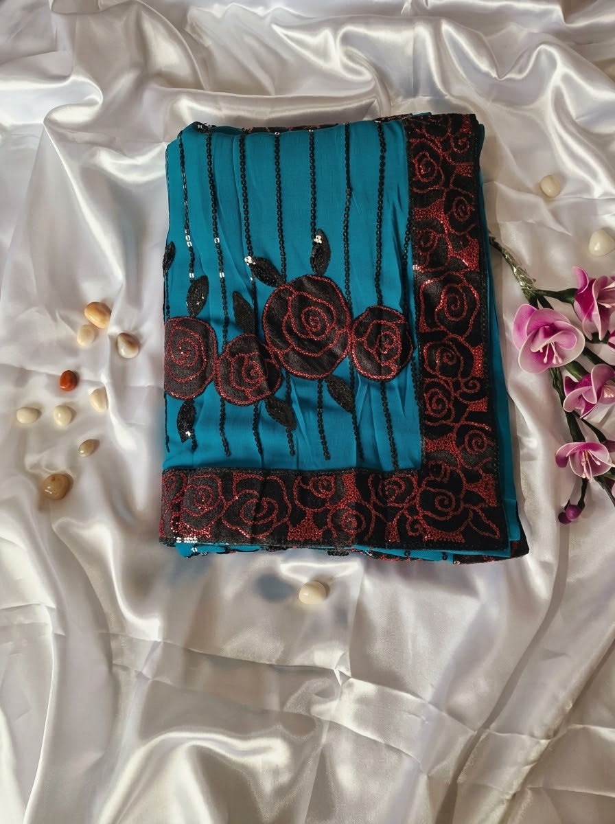 Turquoise Sequin-Embellished Georgette Saree