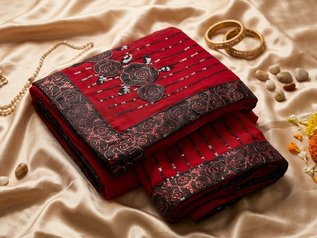 Redish brown  Sequin-Embellished Georgette Saree