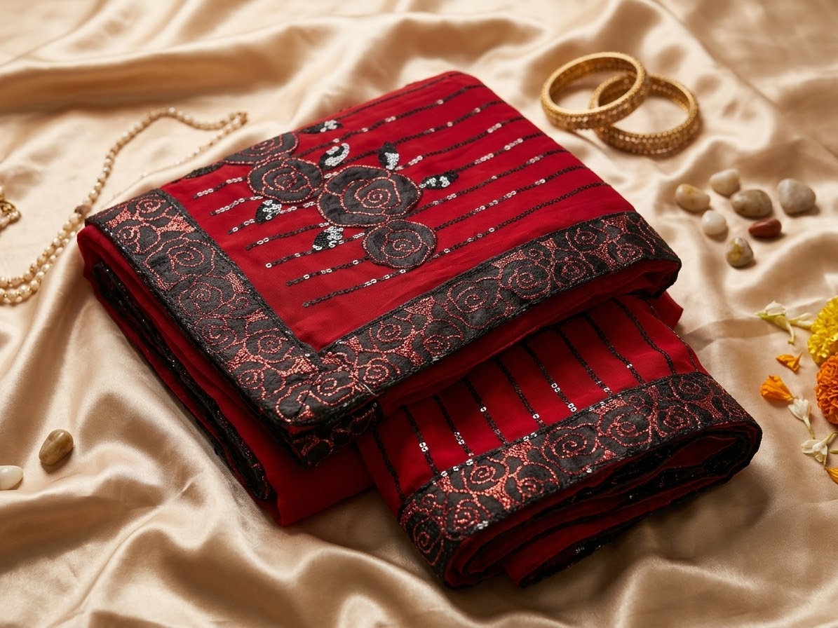 Redish brown  Sequin-Embellished Georgette Saree