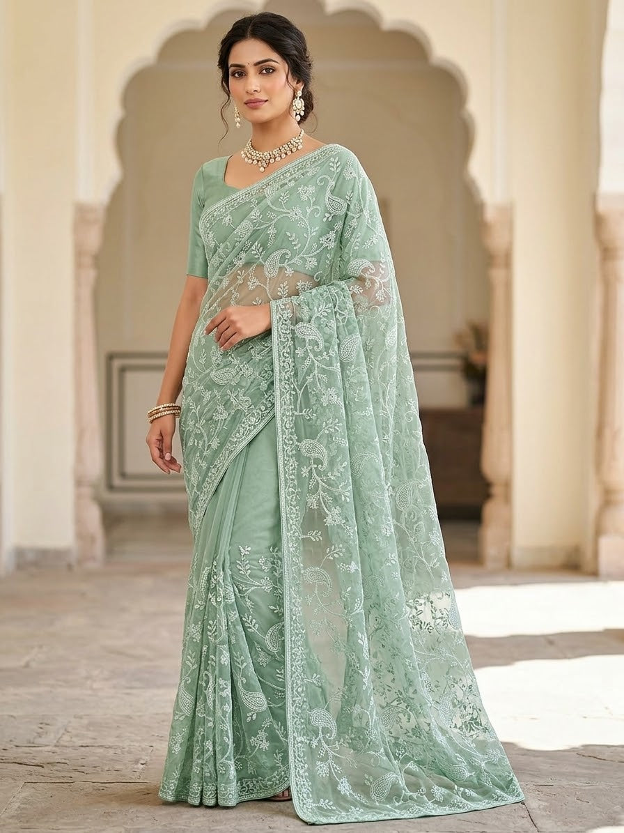 Pastel Mint Green Floral Embroidered Organza Saree