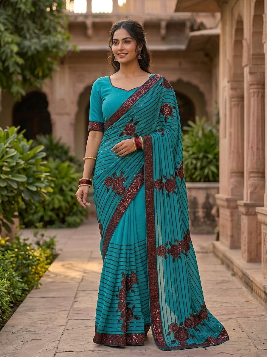 Turquoise Sequin-Embellished Georgette Saree