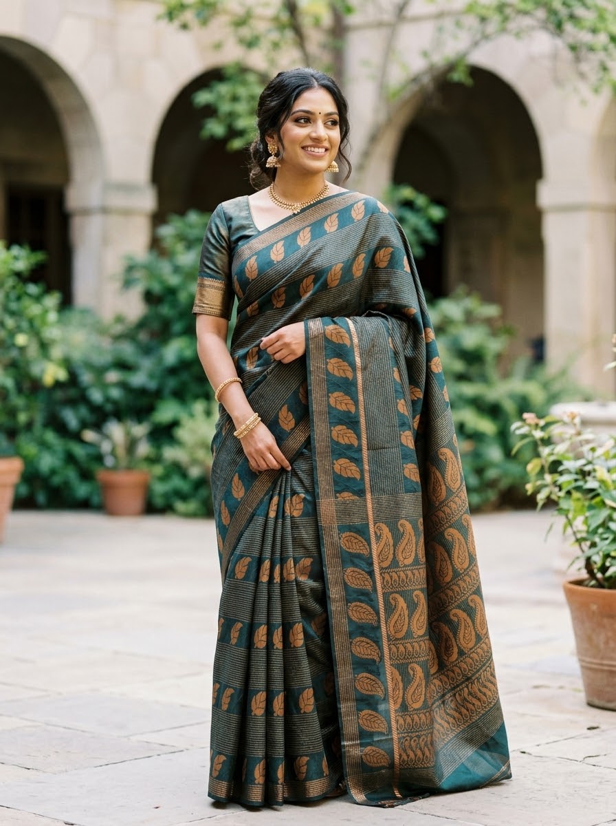 Elegant Bottle Green Zari-Woven Leaf Motif Saree