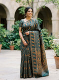 Elegant Bottle Green Zari-Woven Leaf Motif Saree