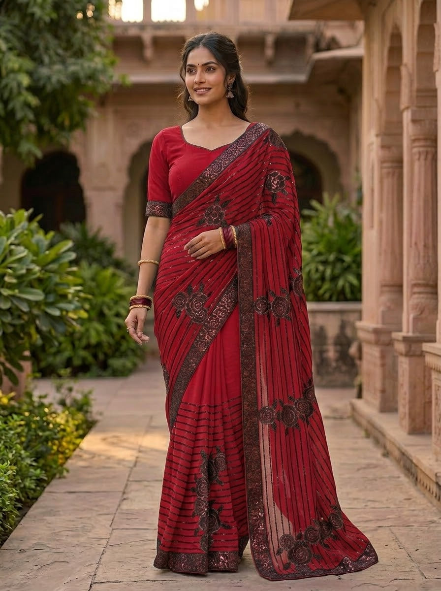 Redish brown  Sequin-Embellished Georgette Saree