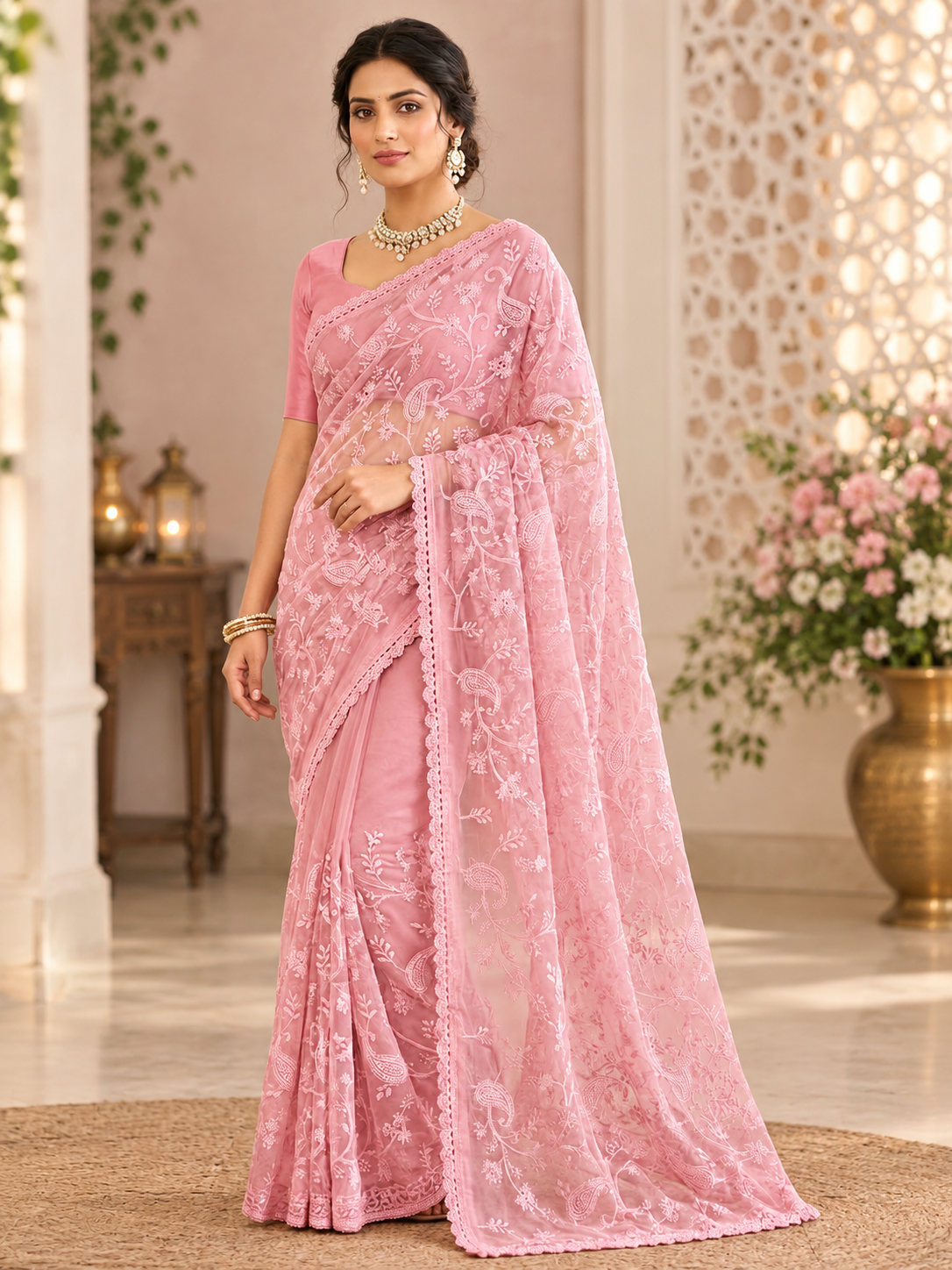 Pastel Pink  Floral Embroidered Organza Saree