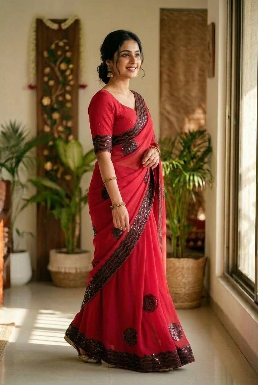 Red Georgette saree with running blouse