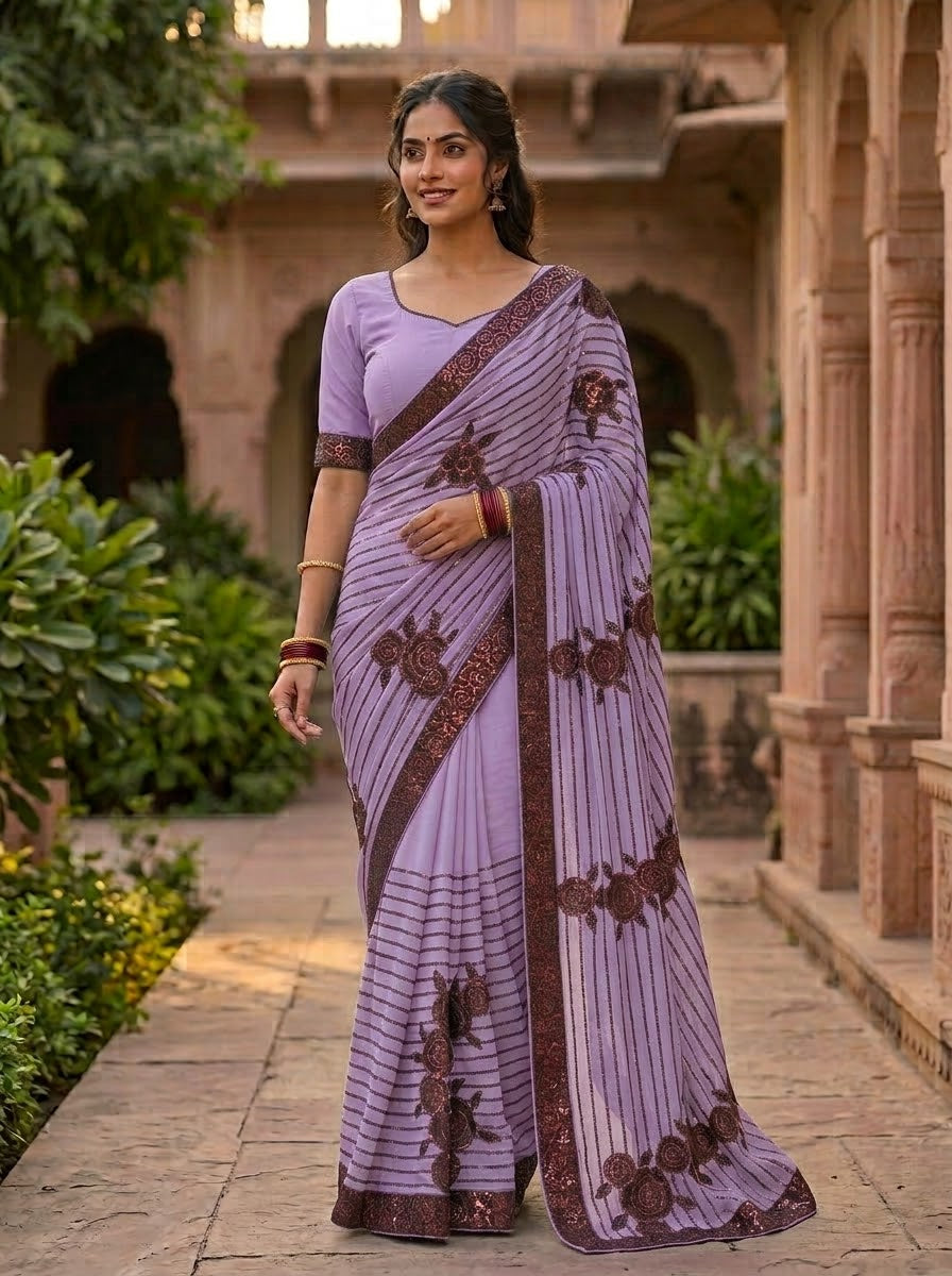 Lavender Sequin-Embellished Georgette Saree