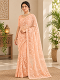 Pastel Peach Floral Embroidered Organza Saree