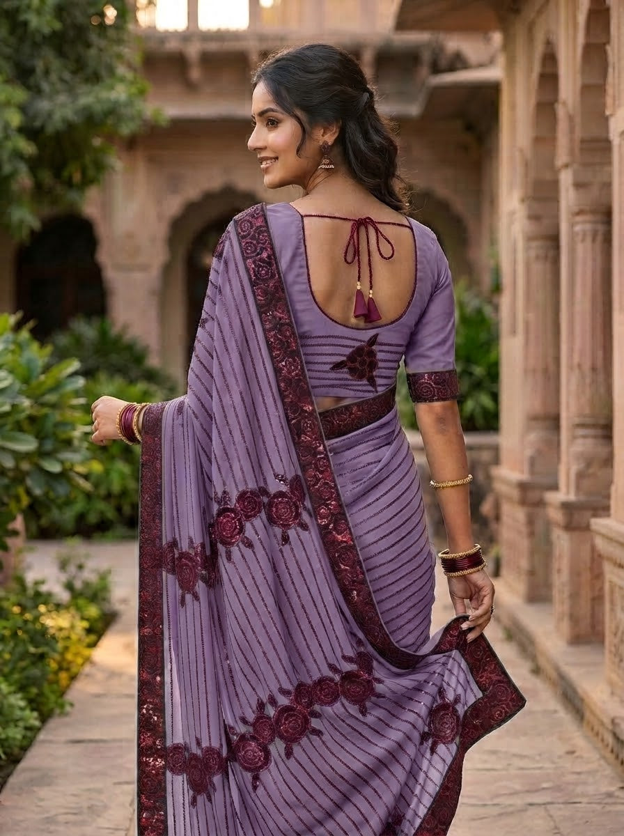 Lavender Sequin-Embellished Georgette Saree