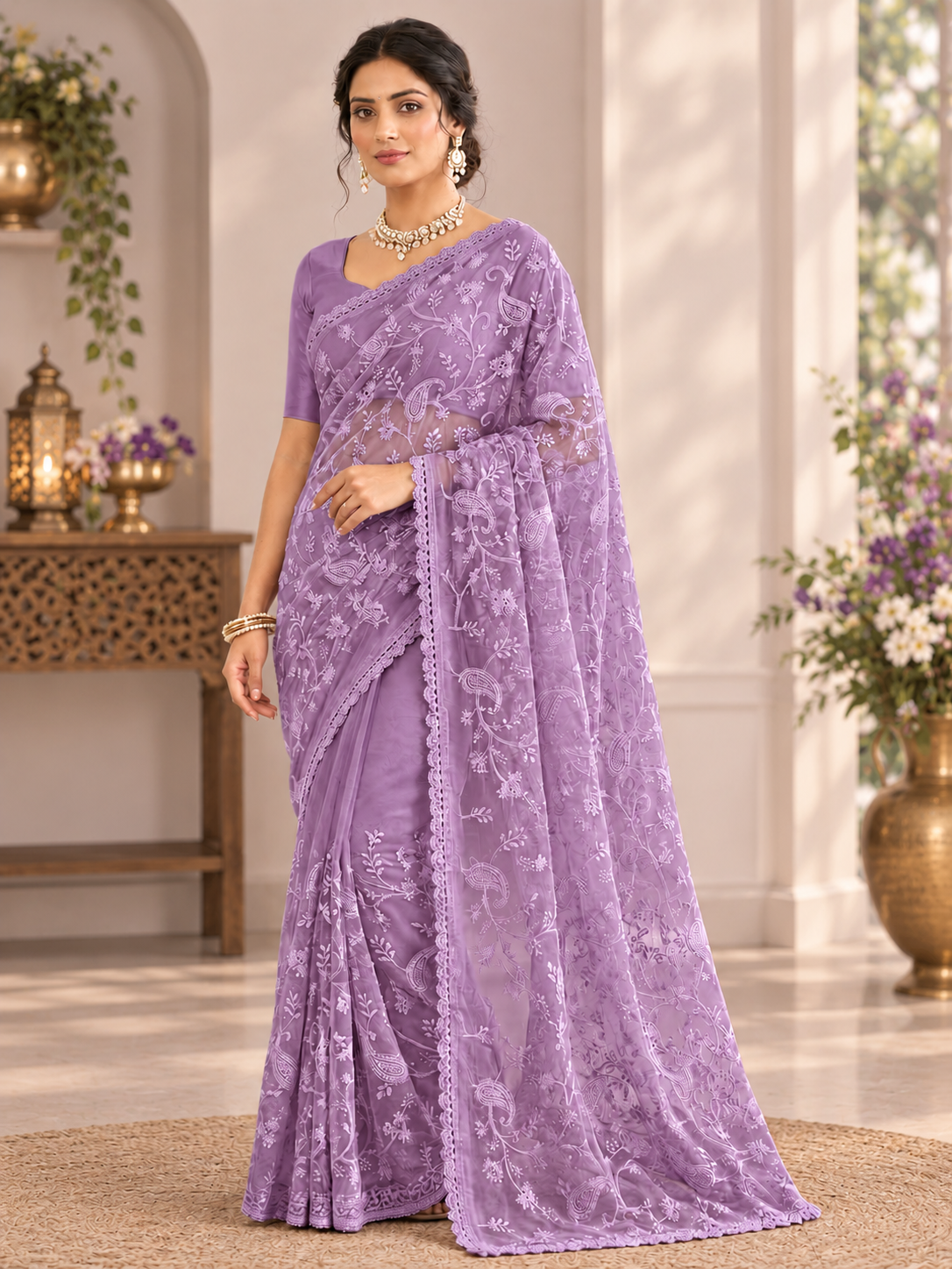Pastel Lavender Floral Embroidered Organza Saree