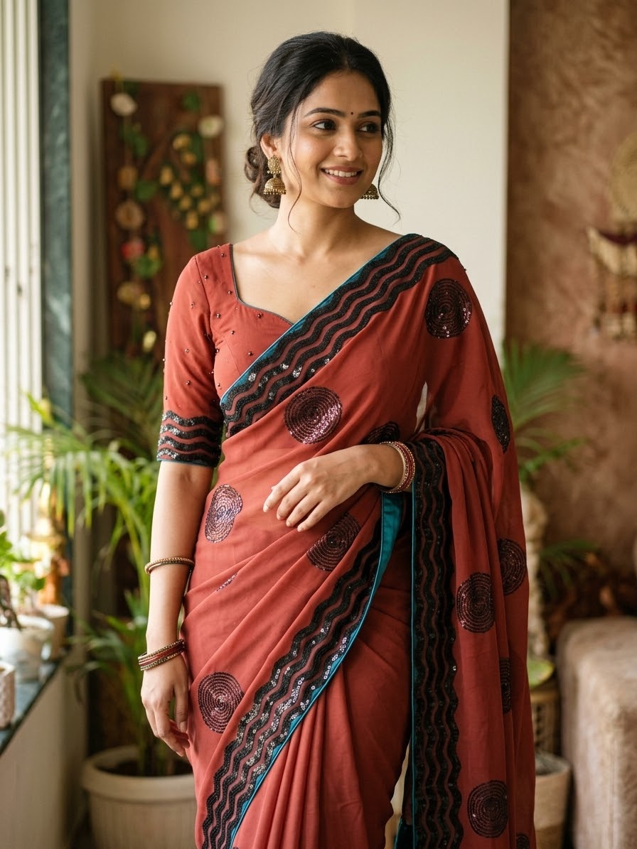 Brick colour georgette saree with running blouse