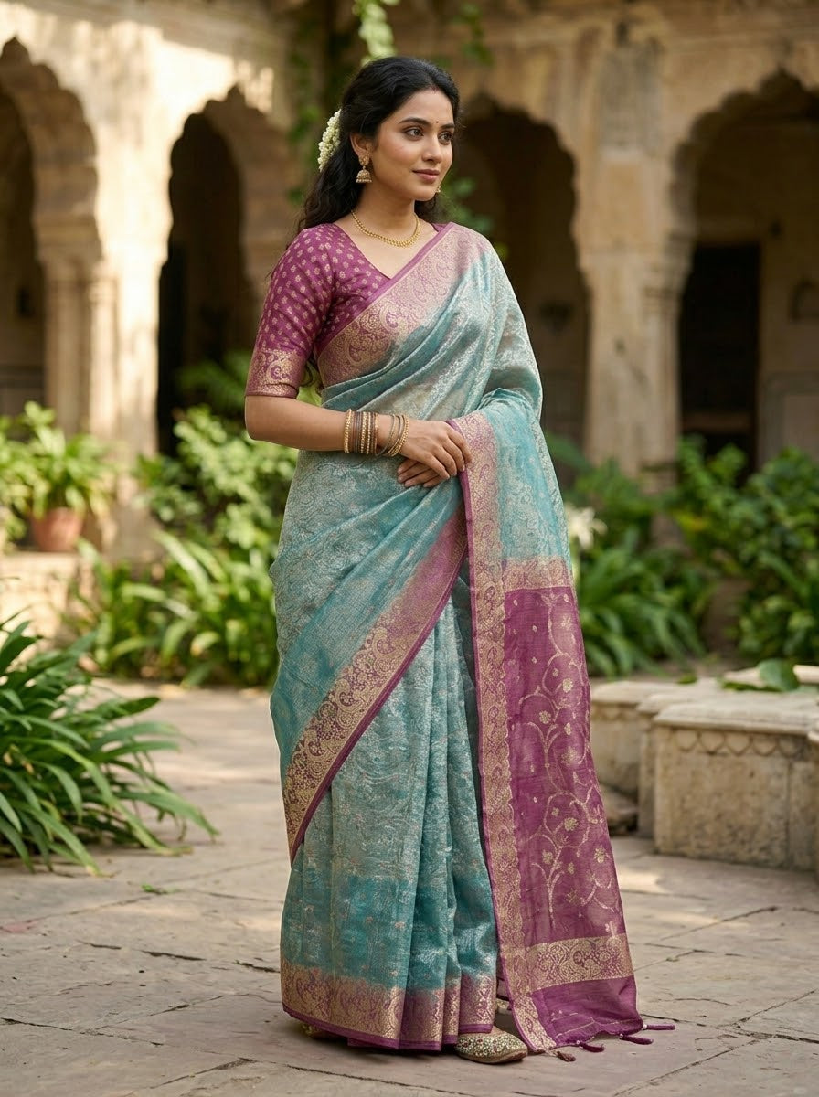 tissue / banarasi silk-blend saree with a metallic zari weave.