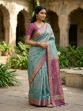 tissue / banarasi silk-blend saree with a metallic zari weave.